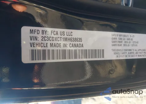 2021 Dodge Charger R/T Rwd из США, поврежденный, VIN 2C3CDXCT1MH638635